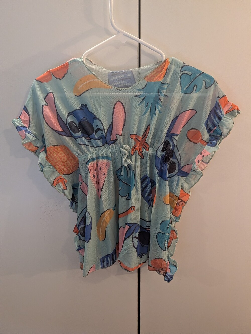 Girls Light Blue Stitch Print Ruffle Sleeve Swim Cover Up One Size NWT